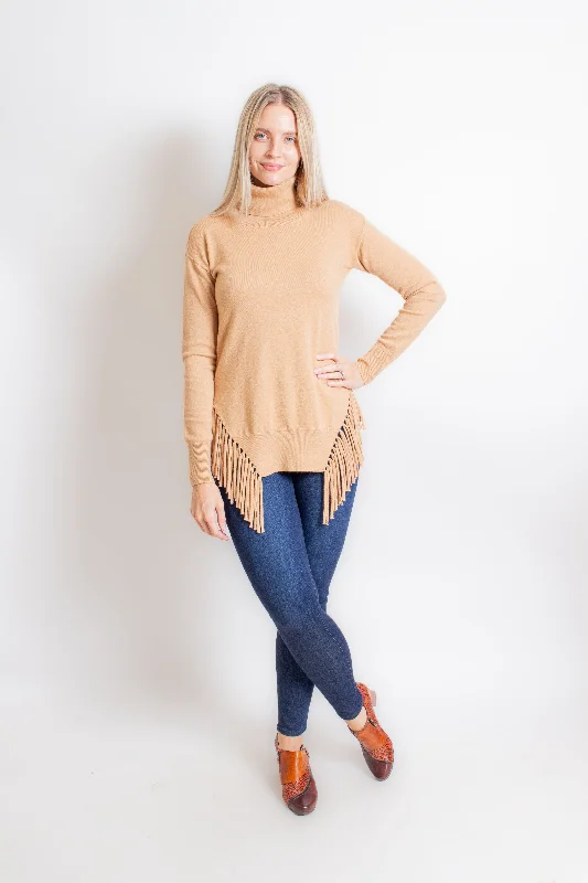 Camel Fringe Turtleneck Sweater