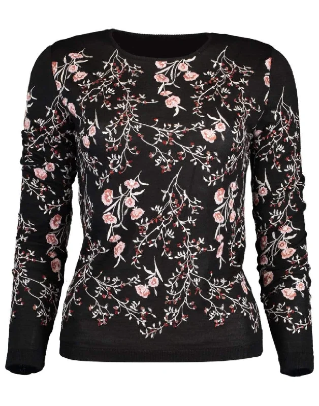 Black Long Sleeve Embroidered Cashmere Sweater