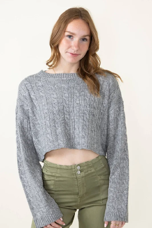 Cable Knit Crop Sweater for Women in Grey | MT1543-GREY