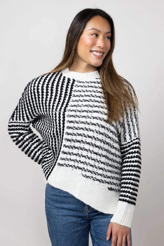 Elan Asymm Stripe Sweater for Women in Black/White | SWS11277-BLKWHT