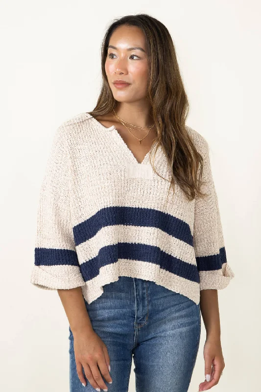 Illa Illa Striped Cropped Sweater for Women in Navy | IM7819-NAVY