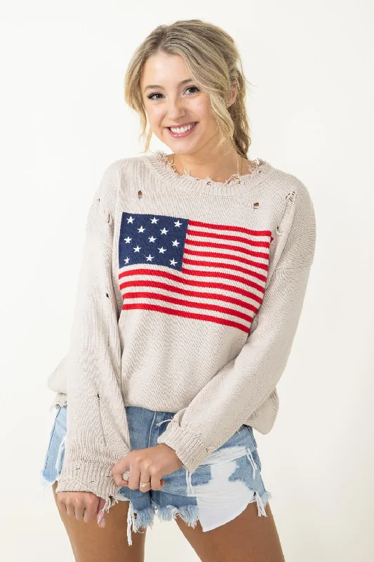 Miracle American Flag Distressed Sweater for Women in Beige | L2402-BEIGE