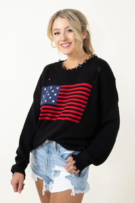 Miracle American Flag Distressed Sweater for Women in Black | L2402-BLACK