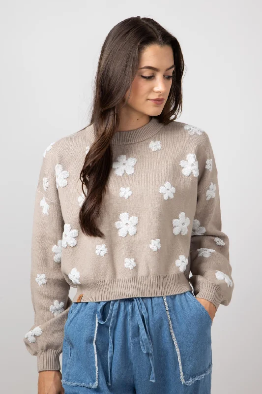 Simply Southern Cropped Flower Sweater for Women in Tan | PP-0224-SWTR-CRP-FLWR