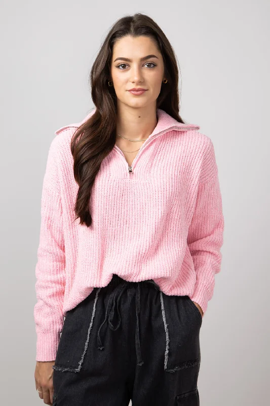 Simply Southern Quarter Zip Sweater for Women in Candy Pink | PP-0224-SWTR-QTRZIP-CANDY