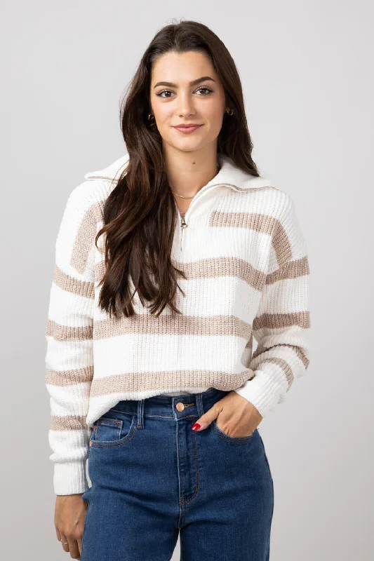 Simply Southern Stripe Quarter Zip Sweater for Women in Desert Tan | PP-0224-SWTR-QTRZIP-DESERT