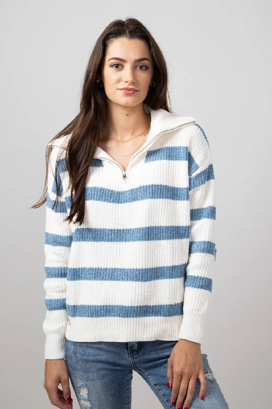 Simply Southern Stripe Quarter Zip Sweater for Women in Sandy Ocean | PP-0224-SWTR-QTRZIP-OCEAN