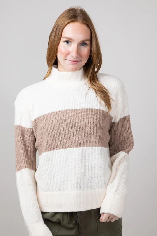 Stripe Mock Neck Sweater for Women in Ivory Mocha Combo | PF3S25406-IVORYMOCHACOMBO