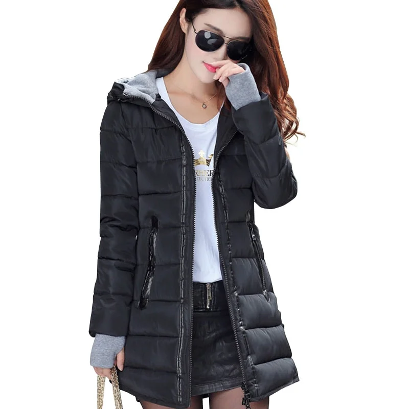 2018 women winter hooded warm coat slim plus size candy color cotton padded basic jacket female medium-long  jaqueta feminina