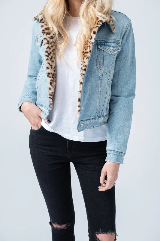 Leopard Trucker Denim Jacket in Vintage Destruction