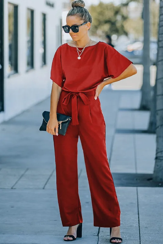 Solid Five-Point Sleeve Belted Wide-Leg Jumpsuit