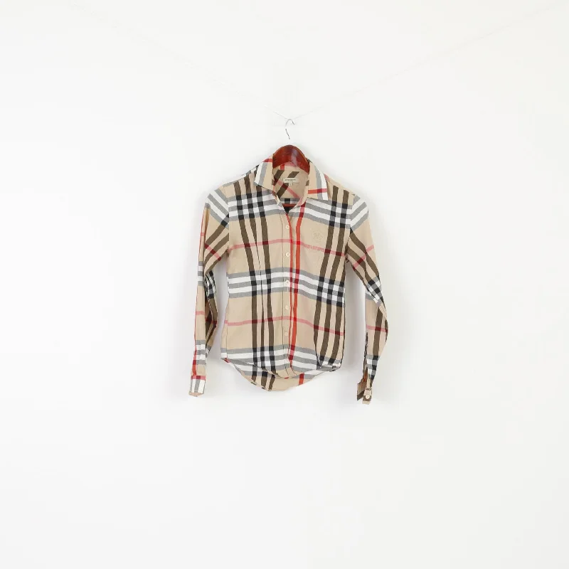 Burberry London Women S (XXS) Casual Shirt Beige Check Long Sleeve Button Top