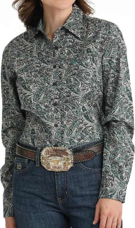 Cinch Women's Grey and Teal Paisley Button Down Shirt