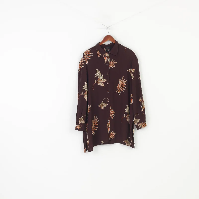 Elvi Women 18 2XL Casual Shirt Brown Flower Print Long Sleeve Shoulder Pads Collar Top