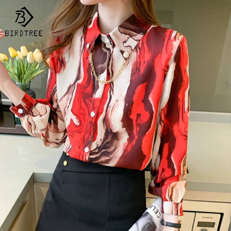 Fashion Ladies Long Lantern Sleeve Printed Shirts Elegant Casual Loose Blouses OL Chiffon Shirt Tops For Spring Autumn