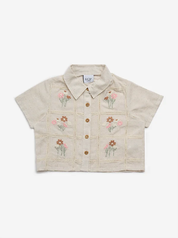 HOP Kids Beige Floral Embroidered Shirt