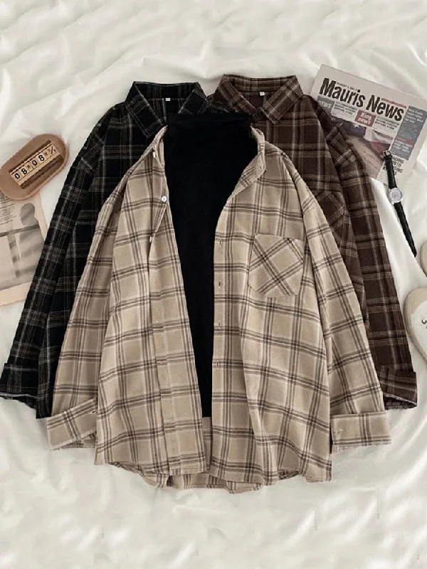 JMPRS Vintage Women Plaid Shirts Autumn Long Sleeve Oversize Button Up Tops Loose Casual Fall Outwear Femme Shirts