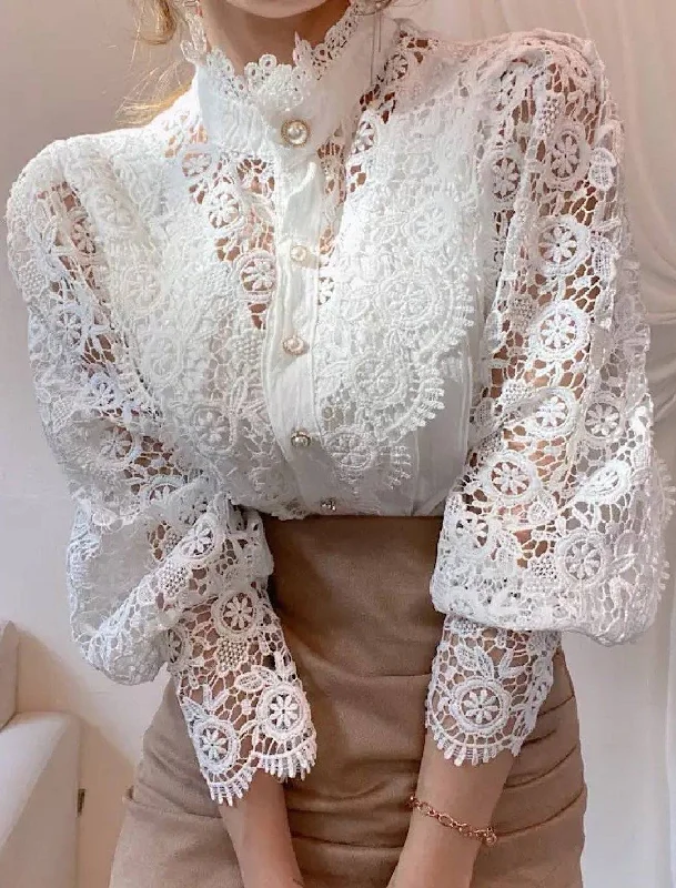 Lace Stand Collar Pearl Buttoned Shirt