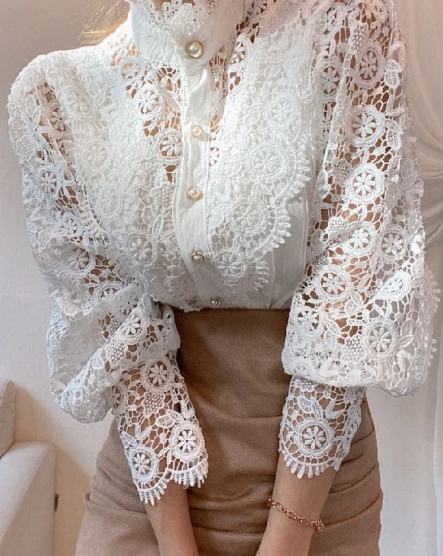 Petal Sleeve Stand Collar Hollow Out Flower Lace Patchwork Shirt Femme Blusas All-match Women Lace Blouse Button White Top