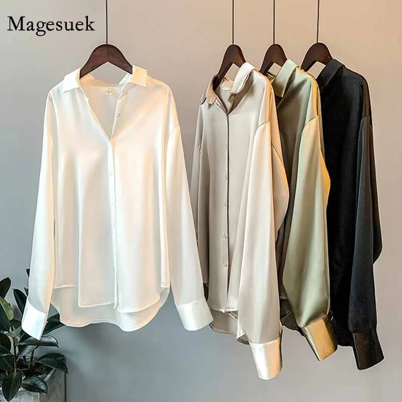 Silk Office Ladies Elegant Shirt Blouse Women Fashion Button Up Satin Shirt Vintage White Long Sleeve Shirts Tops 11355