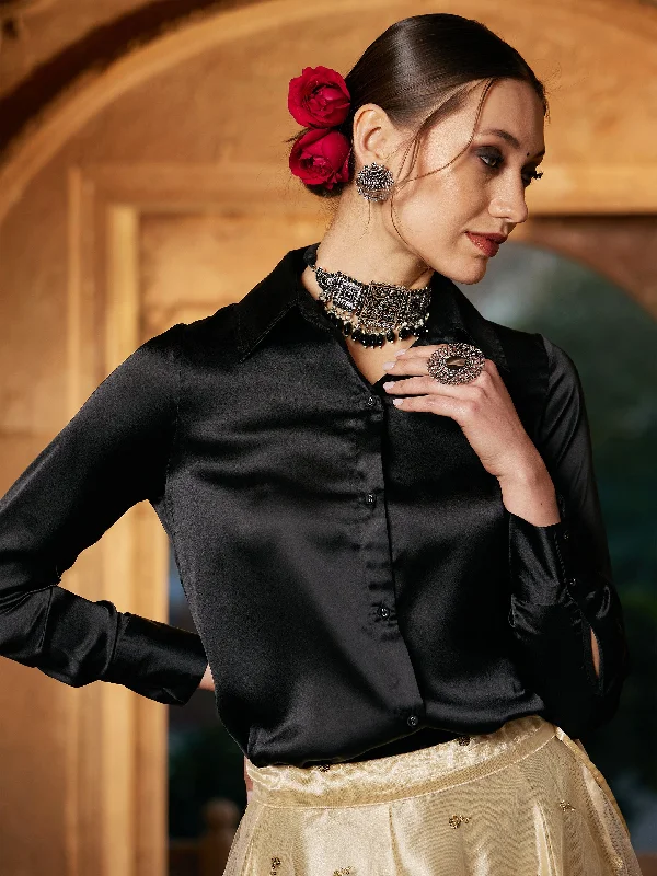 Women Black Satin Regular Shirt