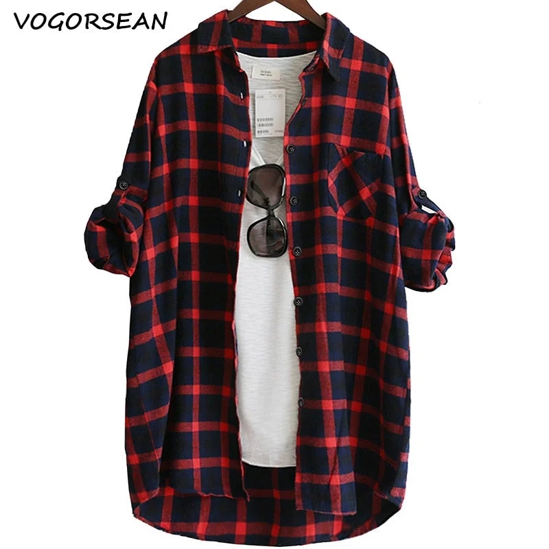 Women Blouse Shirt Loose Casual Plaid Shirts Long Sleeve Large Size Tops Womens Blouses Red Green