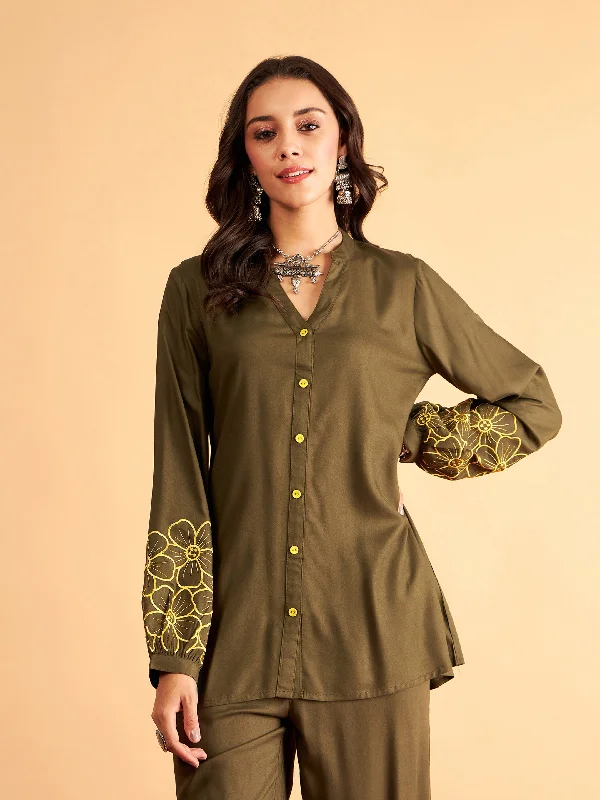 Women Olive Rayon Full Sleeves Embroidered Shirt