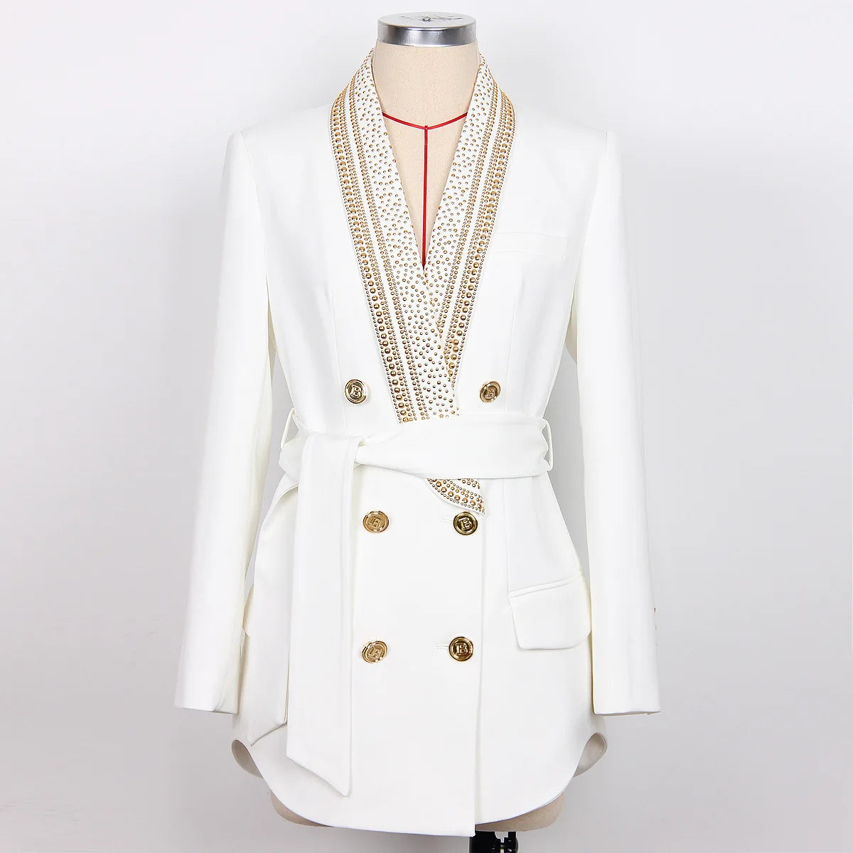 Women's Fashion Cotton Turn-down Metal Beaded Collar Blazer with Belt