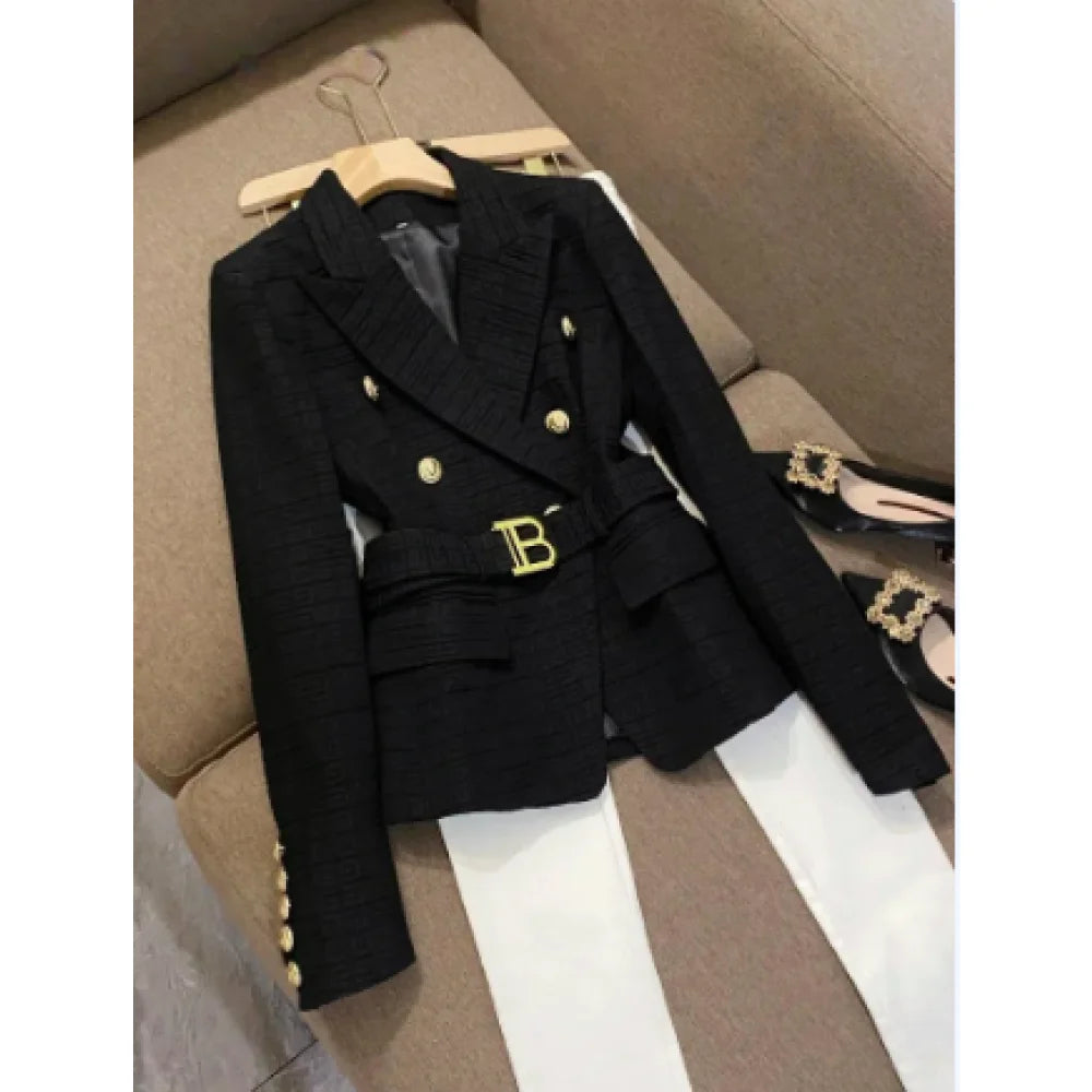 Women's Retro Fashion Double Breasted Chic Bodycon Blazer with Belt