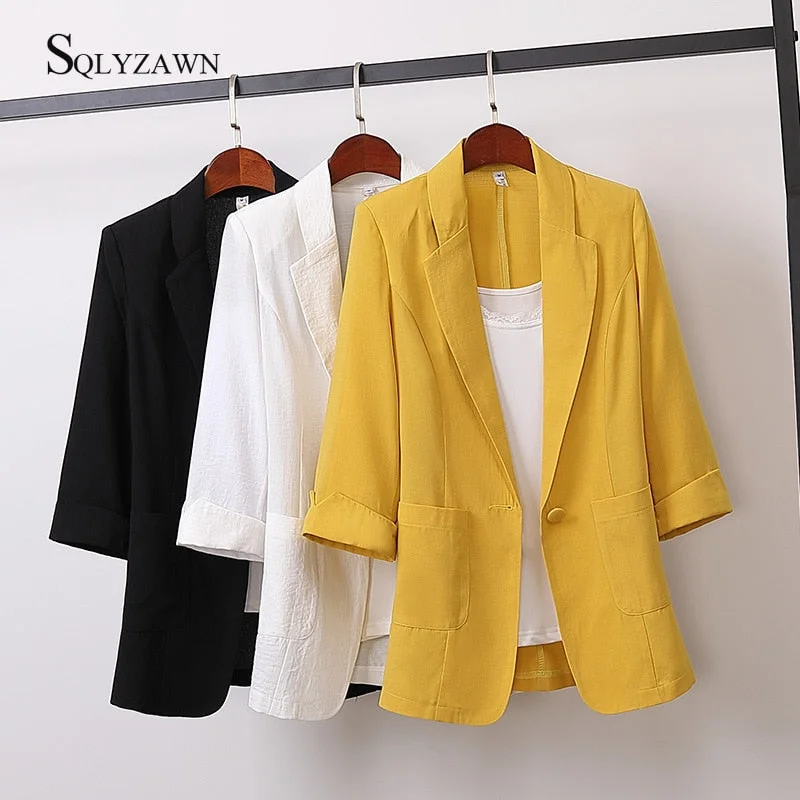 WOpen Front Notched Linen Blazer Summer Women Formal Jackets Office Work Loose Fit Blazer Black Ladies Suits 3 Colors Size M-4XL