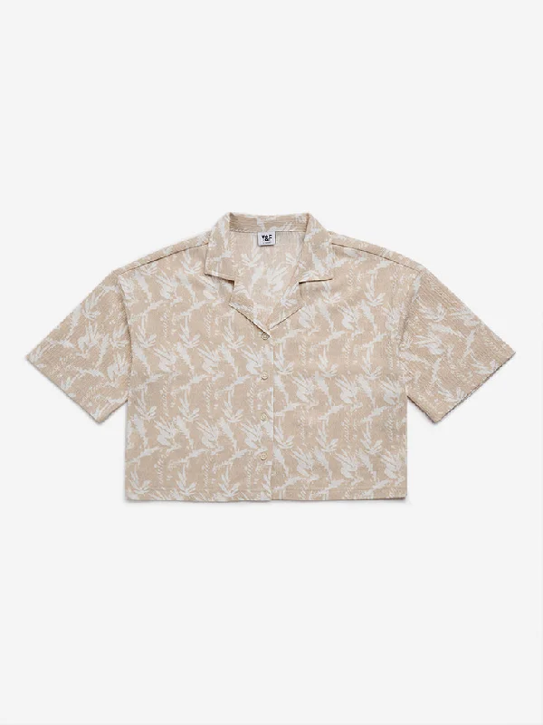 Y&F Kids Beige Leaf Print Crinkle Textured Shirt