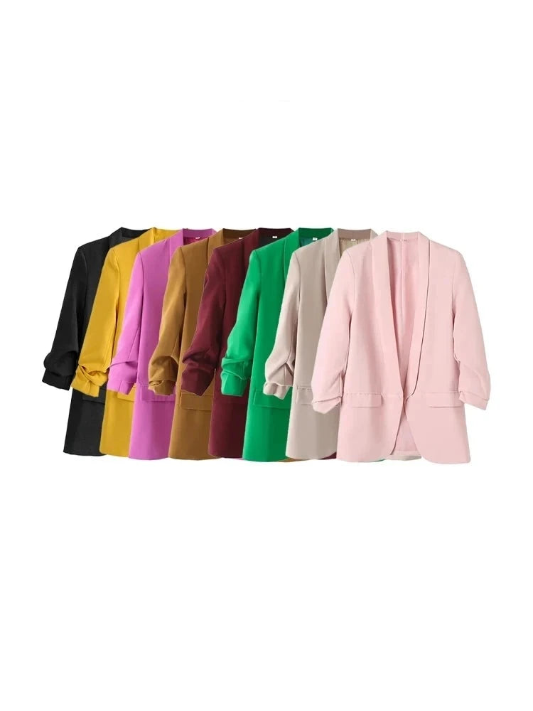 Women Fashion Office Wear Open Blazer Coat Vintage Long Pleated Sleeves Flap Pockets Female Outerwear Chic Tops