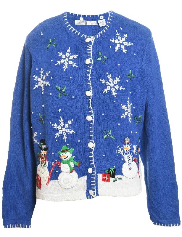 Blue & White Embroidered Snowman Christmas Cardigan  - L