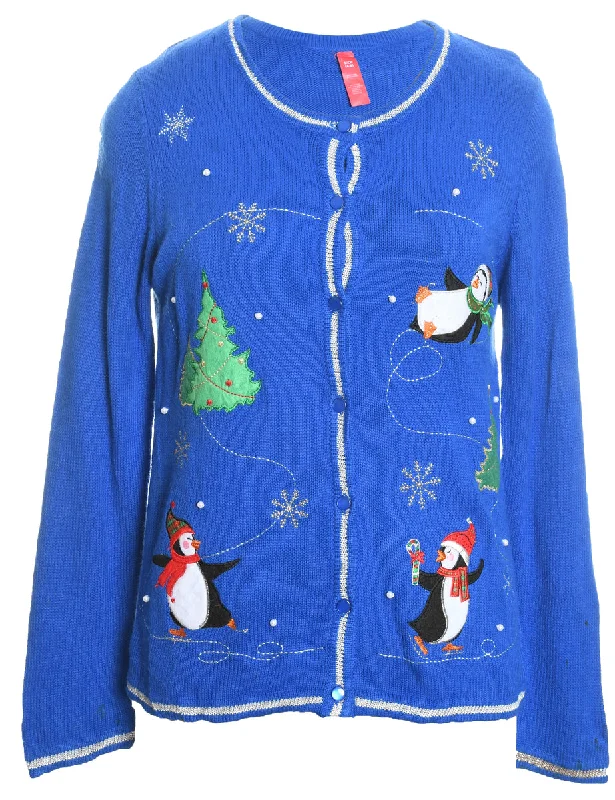 Christmas Tree Design Blue Embroidered Cardigan - S