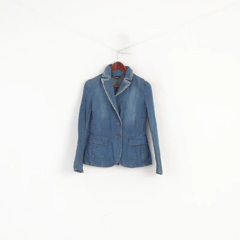 MNG Jeans Women M (S) Jacket Blue Cotton Denim Classic Single Breasted Blazer