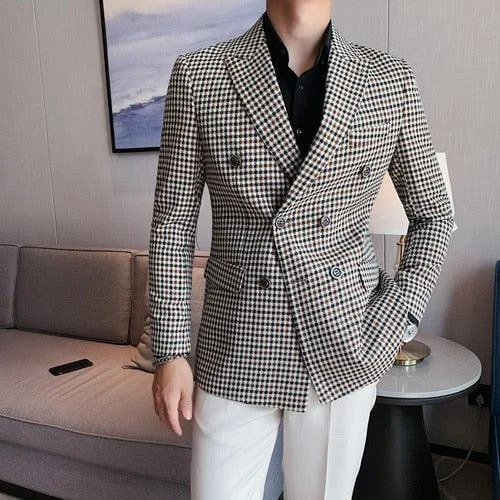 Men Blazer - Double-Breasted Houndstooth Blazer