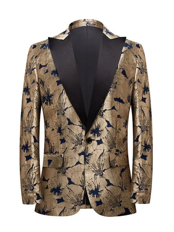 Men Blazer - Gold Pattern Tuxedo Blazer