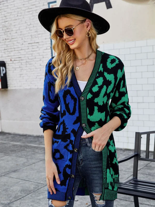 Women's mid-length leopard print stitching sweater knitted cardigan coat