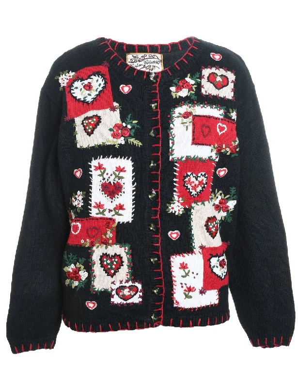 Floral Black & Red Embroidered Christmas Cardigan - L