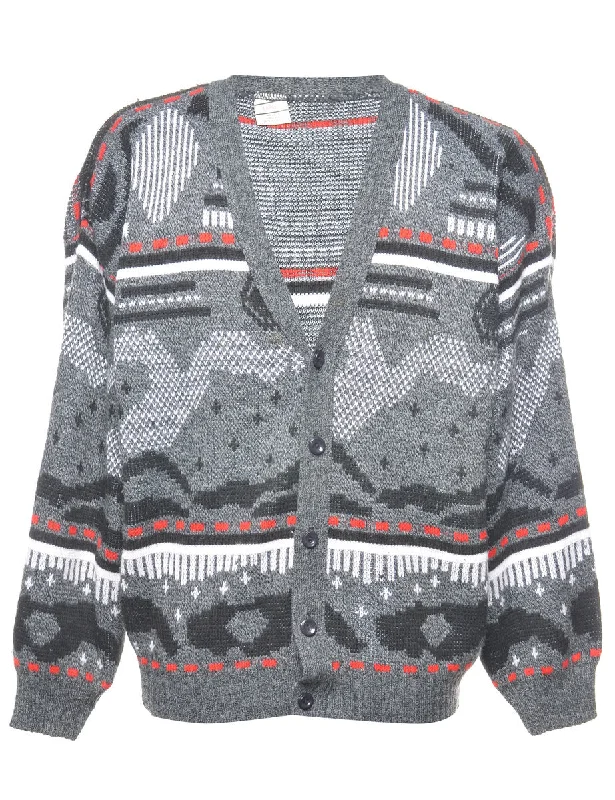 Grey & Red 1980s Knit Cardigan - L