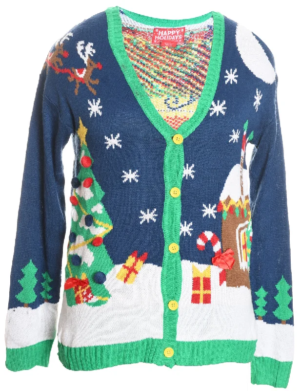 Multi-Colour Festive Design Christmas Cardigan  - M