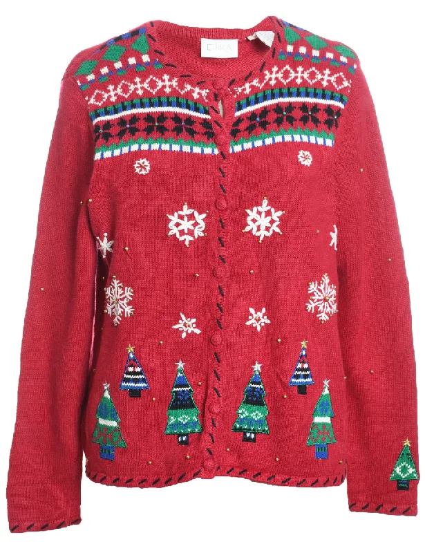 Red Embroidered Christmas Cardigan  - M