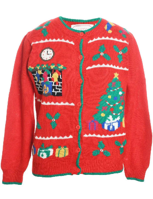 Red & Green Knit Embroidered Christmas Cardigan  - S