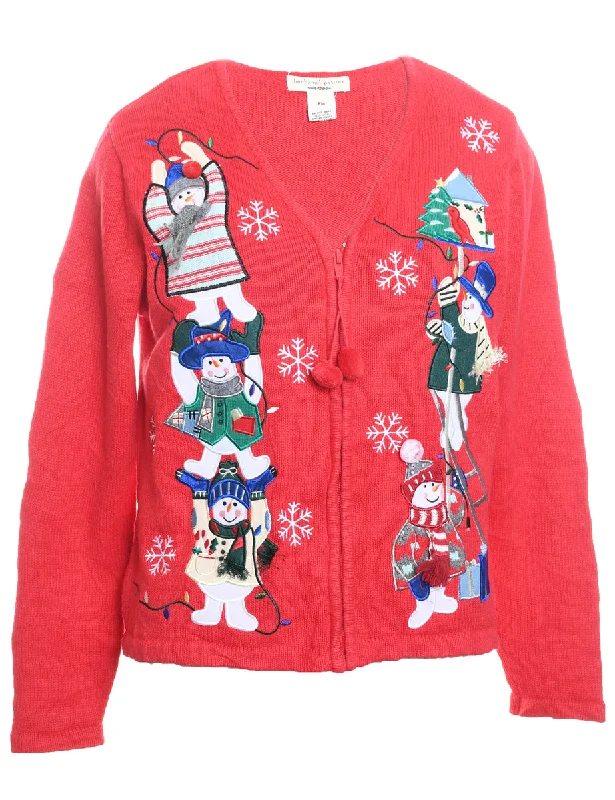 Red Knit Snowman Design Christmas Cardigan - M