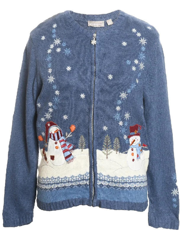 Snowman Blue & White Embroidered Christmas Cardigan - S