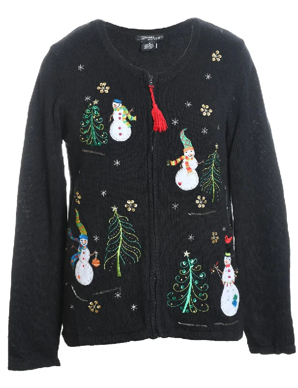 Snowman Design Black Embroidered Christmas Cardigan - M