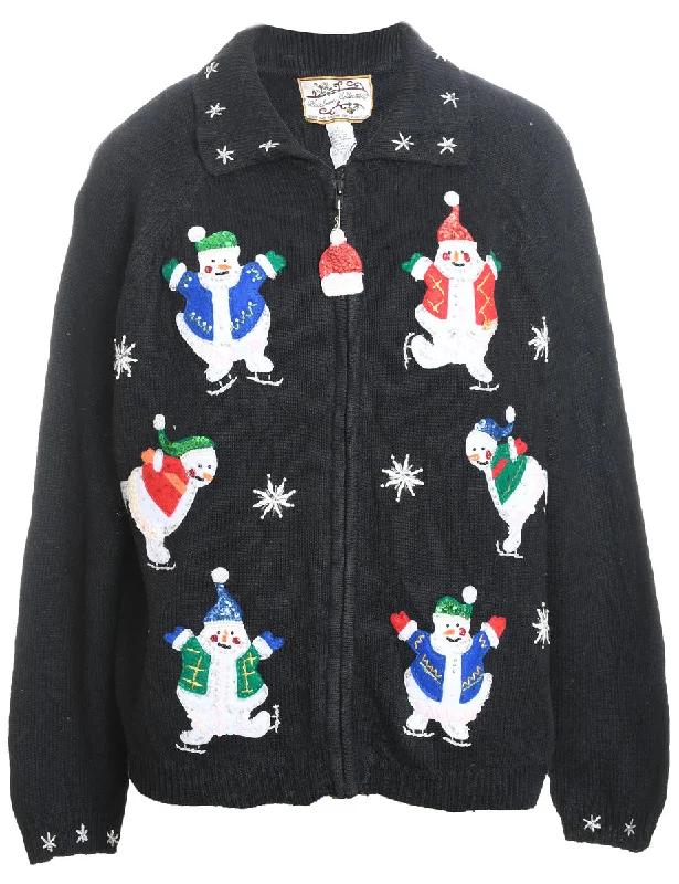 Snowman Design Black Zip-Front Christmas Cardigan - L