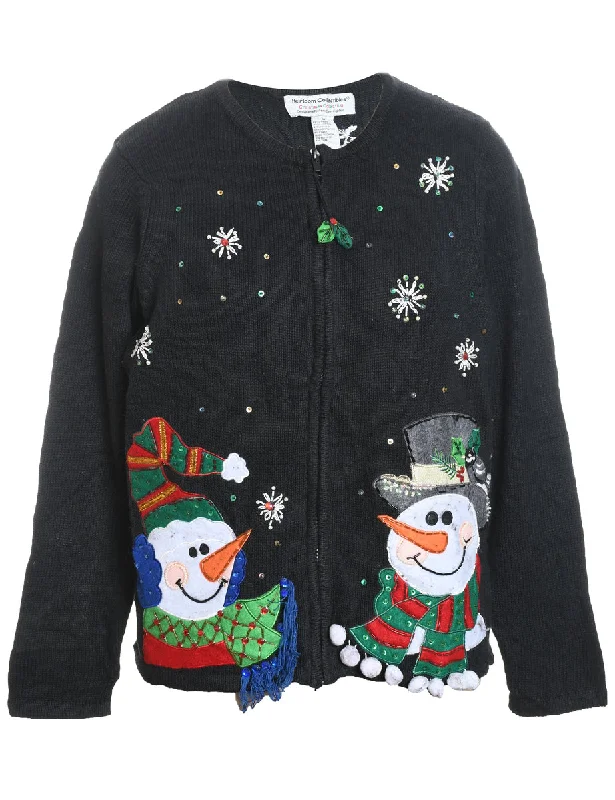 Snowman Design Black Zip-Front Christmas Cardigan - M