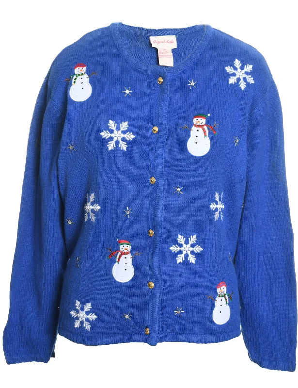 Snowman Design Blue Appliqued Christmas Cardigan - M