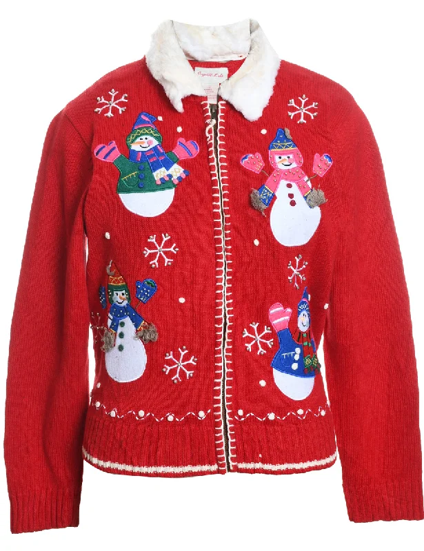 Snowman Design Embroidered Faux Fur Trim Christmas Cardigan - M